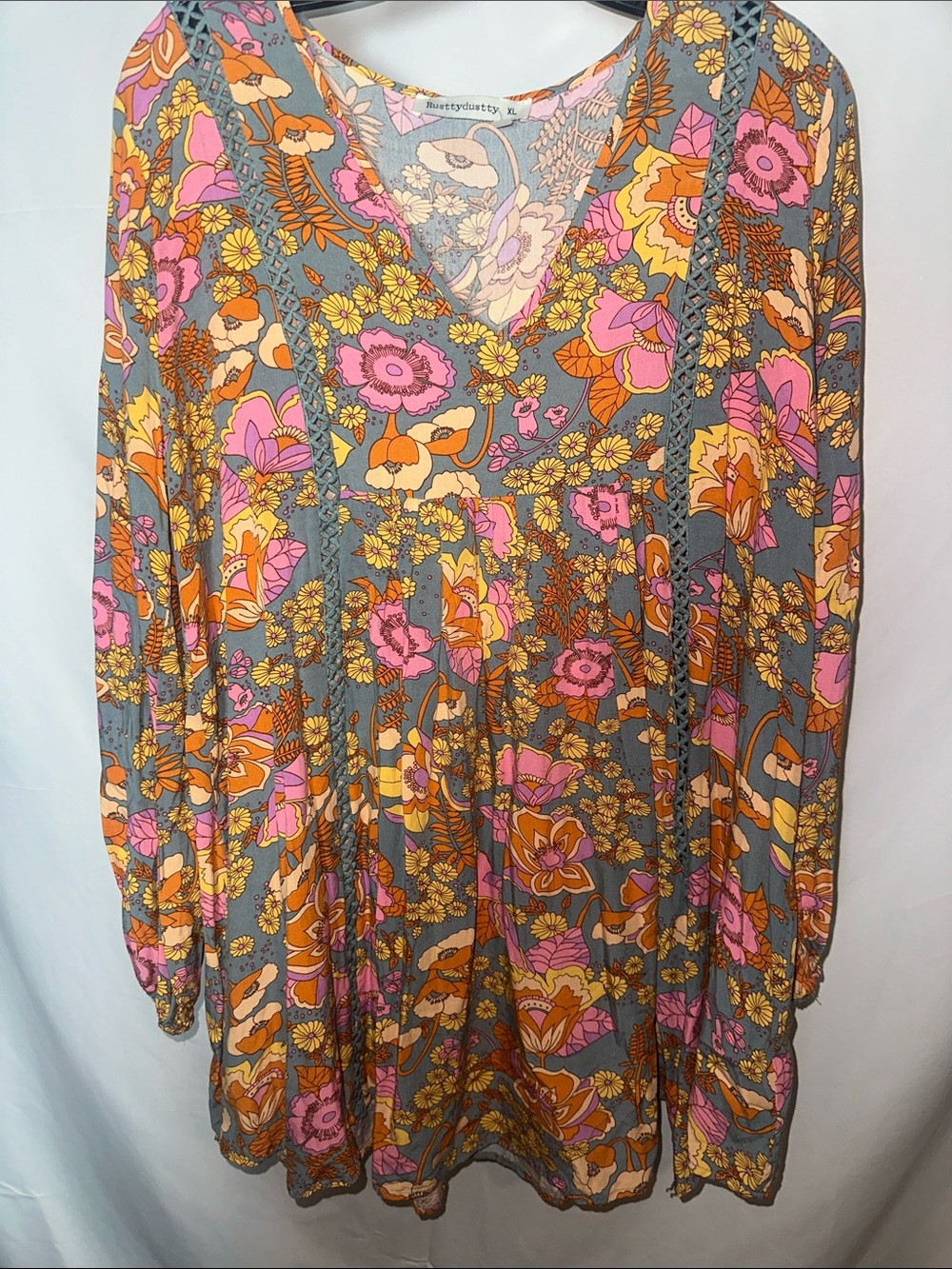 Boho Floral V-Neck Tunic/dress in Gray with Pink & Orange Floral Print